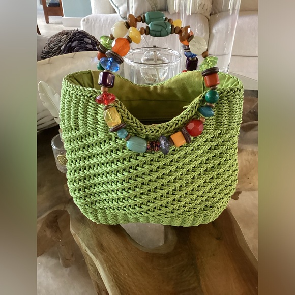 NWOT CAPPELLI Green Woven Straw Handbag with Beaded Handle - Picture 1 of 5